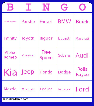 Car Brands Bingo Card 2