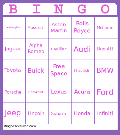 Car Brands Bingo Card