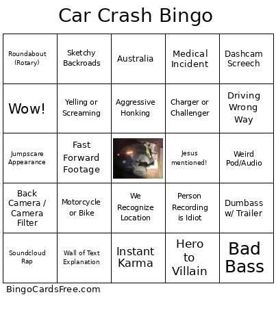 Car Crash Bingo Cards Free Pdf Printable Game, Title: Car Crash Bingo