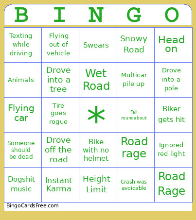 Car Crash Bingo Card