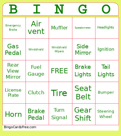 Car Parts Bingo Card