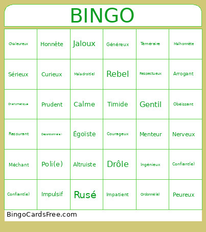 Caractéristiques Psychologiques Bingo Card