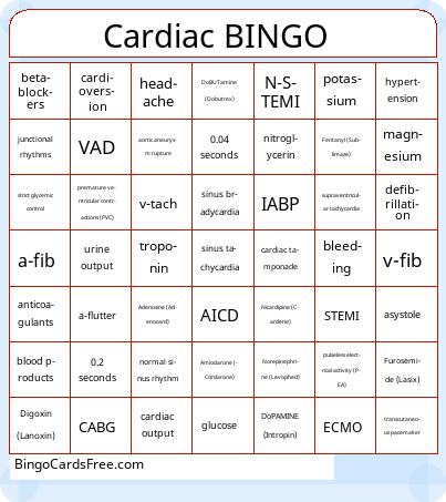 Cardiac Bingo Free Pdf Printable Game, Title: Cardiac BINGO 