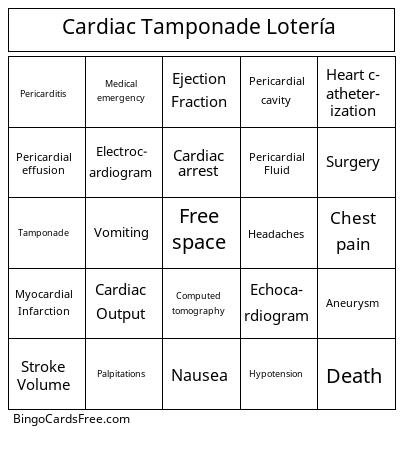 Cardiac Tamponade Lotería Bingo Free Pdf Printable Game, Title: Cardiac Tamponade Lotería