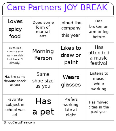 Care Partners JOY BREAK Bingo Card