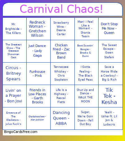 Carnival Chaos! Musical Bingo Card