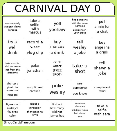 Carnival Day 0 Bingo Card