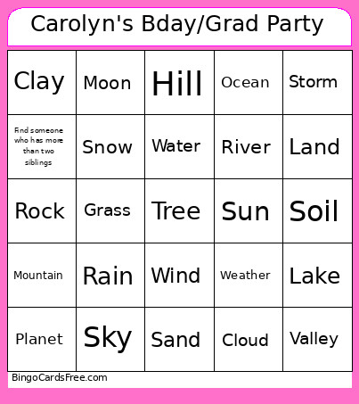 Carolyn's Amazing Grad Party Bingo Card