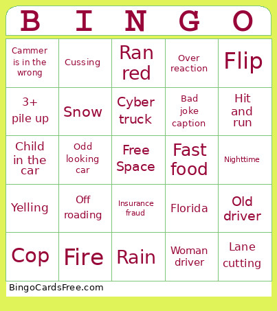 Cars Bingo Card