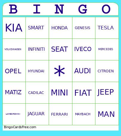 Cars Idk Bingo Card