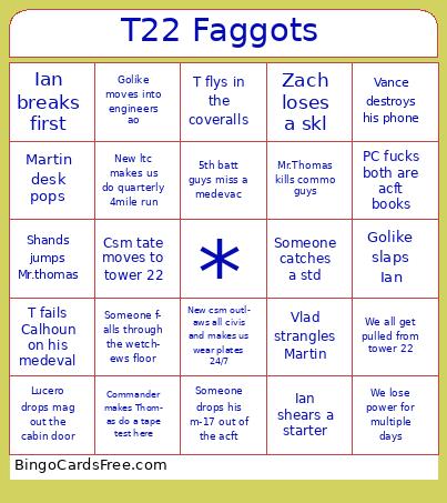 Carson’s bingo card Free Pdf Printable Game, Title: T22 Faggots