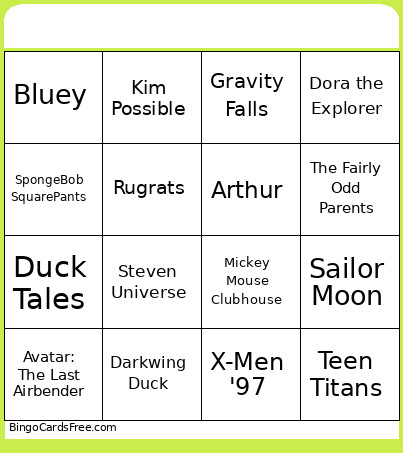 Cartoon Theme Song Bingo Card