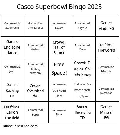 Casco Superbowl Bingo 2025 Cards Free Pdf Printable Game, Title: Casco Superbowl Bingo 2025