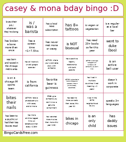 Casey & Mona Bday :D Bingo Card