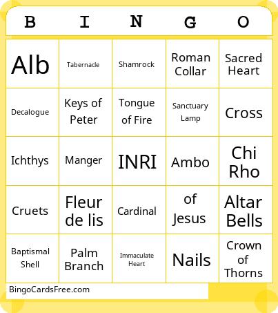 Catholic Symbols Bingo Cards Free Pdf Printable Game, Title: BINGO