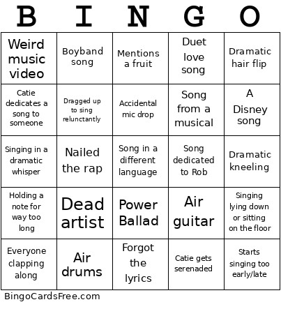 Catie's Hen Party Karaoke Bingo Card