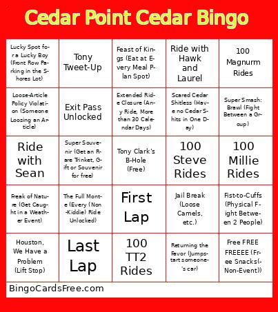 Cedar Point Cedar Bingo