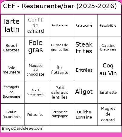 CEF - Restaurante/bar (2025-2026) Bingo Card