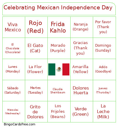 Celebrating Mexican Independence Day Bingo Card