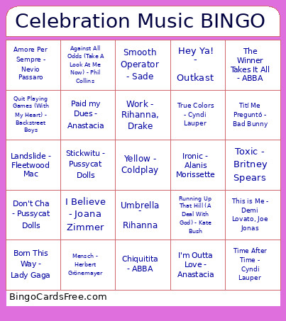 Celebration Music Bingo Card