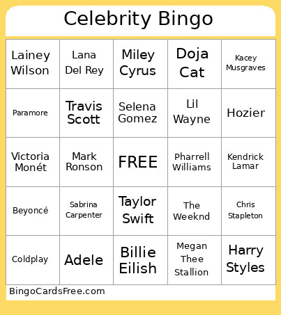 Celebrity Bingo Card