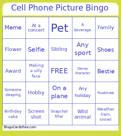 Cell Phone Picture Bingo Card