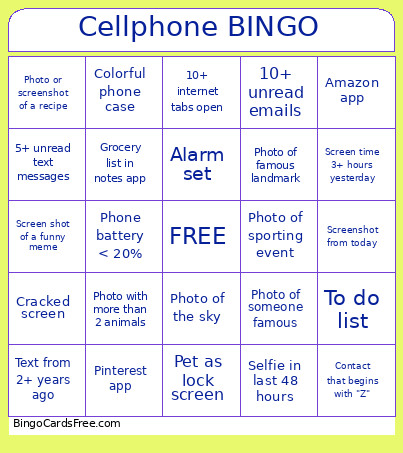 Cellphone Bingo Card