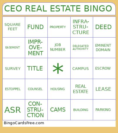 CEO REAL ESTATE BINGO Cards Free Pdf Printable Game, Title: CEO REAL ESTATE BINGO