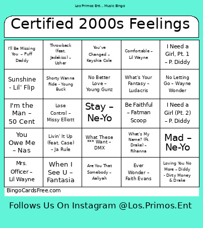 Certified 2000s Feelings Bingo Card