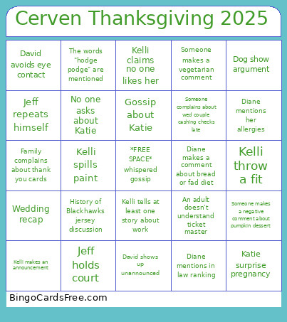 Cerven Thanksgiving 2025 Bingo Card