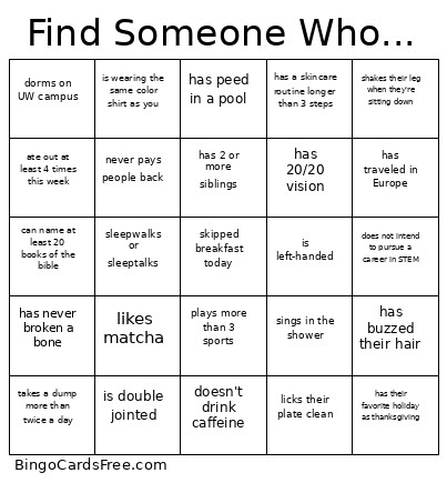 CG Find Someone Who Bingo Card
