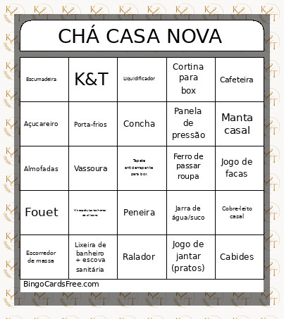 CHÁ CASA NOVA Bingo Card