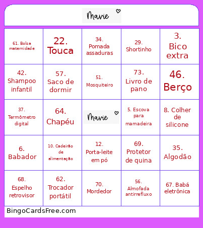CHÁ DE BEBÊ Bingo Card
