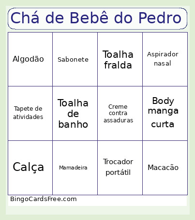 Chá De Bebê Do Pedro Bingo Card