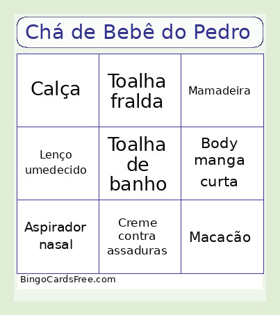 Chá De Bebê Do Pedro Bingo Card