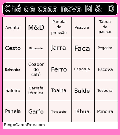 Chá De Casa Nova M & D Bingo Card