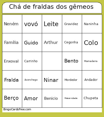 Chá De Fraldas Dos Gêmeos Bingo Card