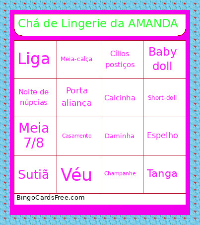 Chá De Lingerie Da AMANDA Bingo Card