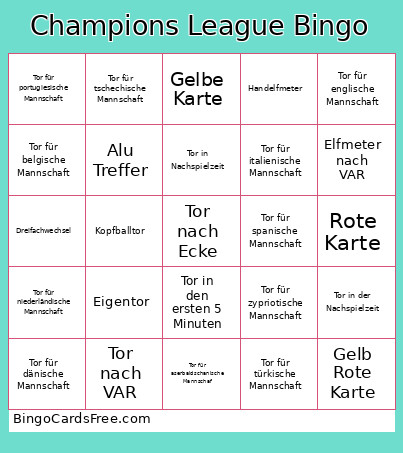 Champions League Bingo Card