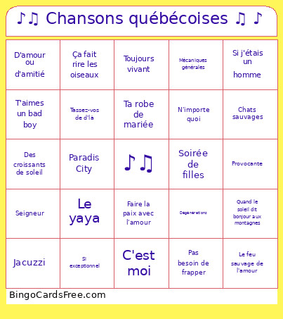 ♪♫ Chansons Québécoises ♫ ♪ Bingo Card