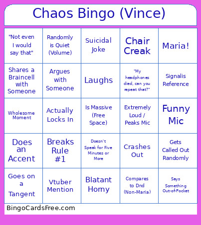 Chaos (Vince) Bingo Card