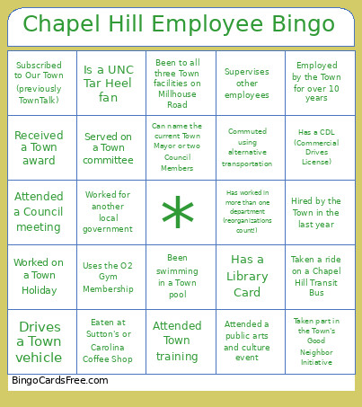 Chapel Hill Employee Bingo Card