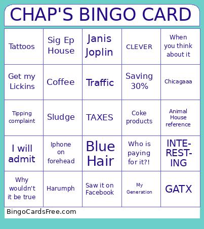 CHAPS BINGO  Cards Free Pdf Printable Game, Title: CHAP'S BINGO CARD