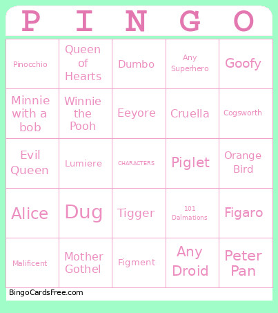 Character Pingo Bingo Card