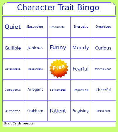 Character Trait Bingo Card