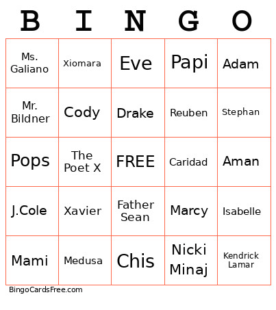 Characters In The Poet X Bingo Card