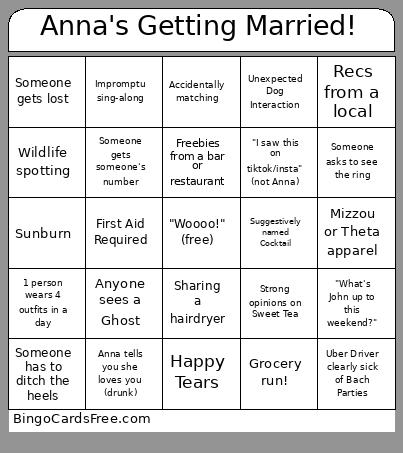 Charleston Bachelorette Trip Bingo Card