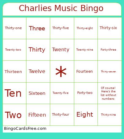 Charlies Music Bingo Card