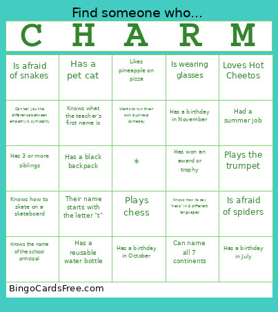 Charm: Find Someone Who... Bingo Card