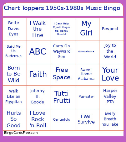 Chart Toppers 1950s-1980s Music Bingo Card